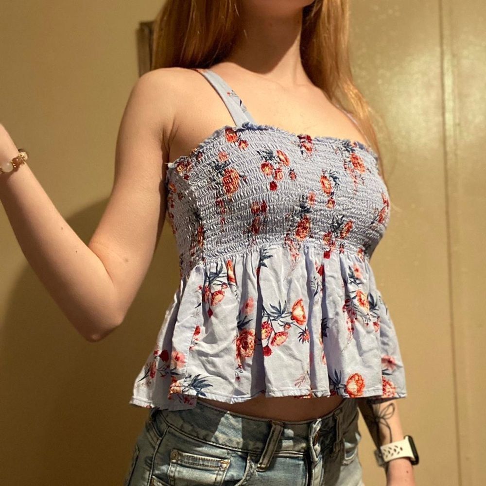 Mossimo Supply Co. Floral Smocked Tank Top - Light Blue with Red Flowere